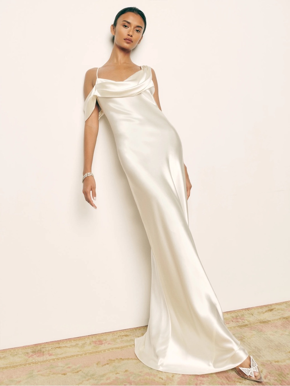 Reformation Ronda Ivory Satin Cowl-Neck Maxi Dress